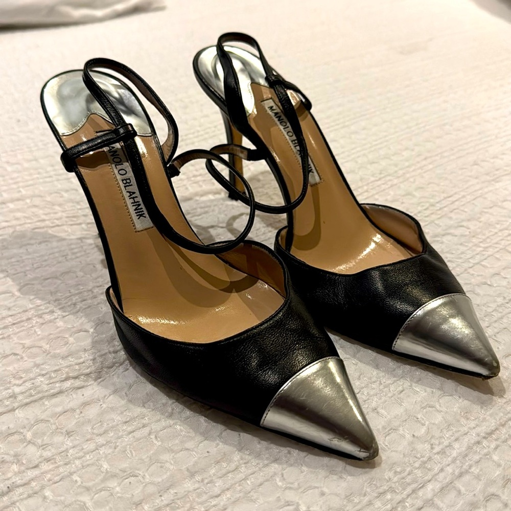 Manolo Blahnik Santu Patent/Nappa Silver/Blk